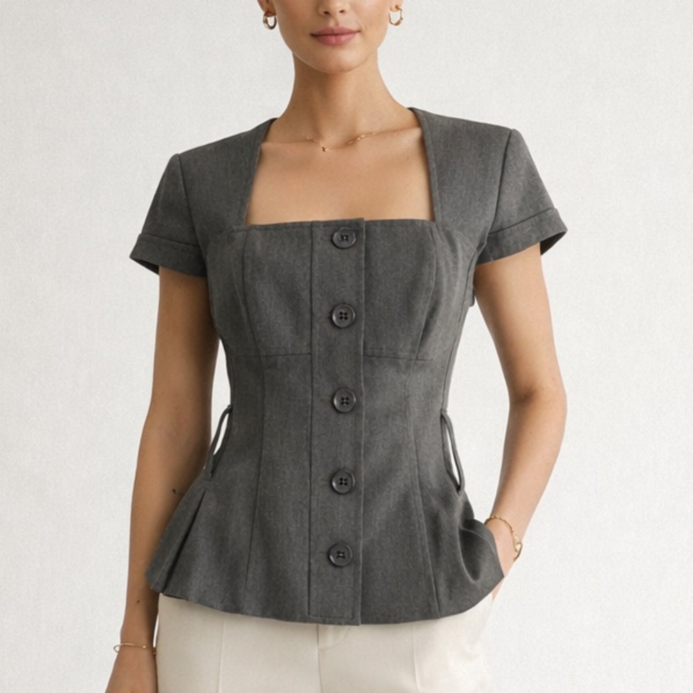 Express Design Studio Vintage Peplum Top/Blazer Square Neck Quiet Luxury